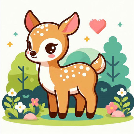 Cute deer in the forest. Vector illustration. Cartoon style.のイラスト素材