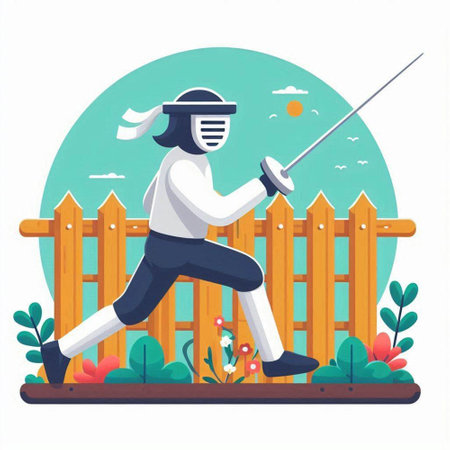 Fencing sport vector illustration. Female fencer in helmet and mask with sword on wooden fence background.のイラスト素材
