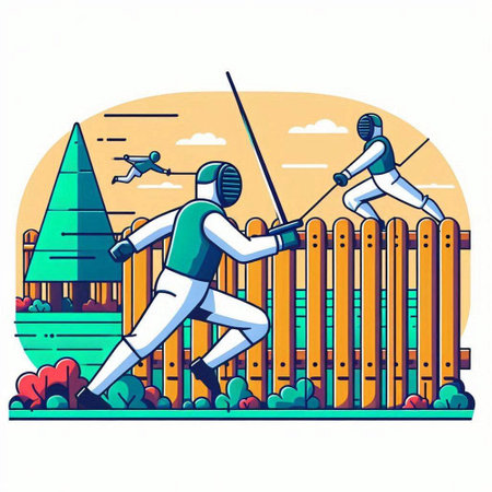 Fencing sport vector illustration. Fencing player with a sword on the fence.のイラスト素材