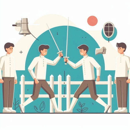 Fencing sport game competition vector illustration. Cartoon man in uniform with sword and rapier in hand.のイラスト素材
