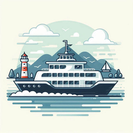 Cruise ship in the sea. Vector illustration. Flat style.のイラスト素材