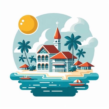 Tropical island with beach, palm trees and church. Vector illustration.のイラスト素材