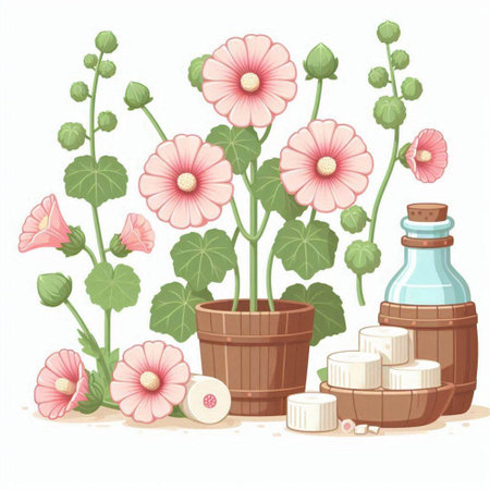 Illustration of a pink mallow plant in a pot with a bottle of essential oilのイラスト素材