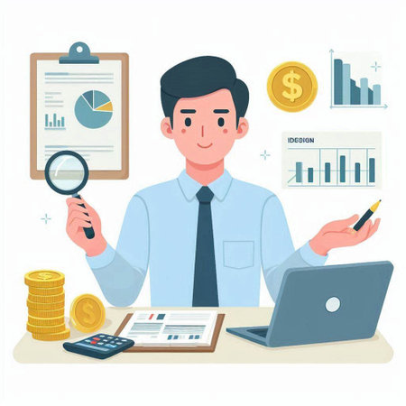 Businessman analyzing investment charts. Successful business concept. Flat vector illustration.のイラスト素材