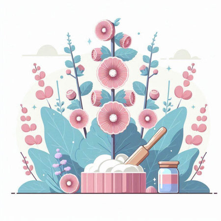 Vector illustration of natural cosmetics with flowers and leaves. Flat style.のイラスト素材