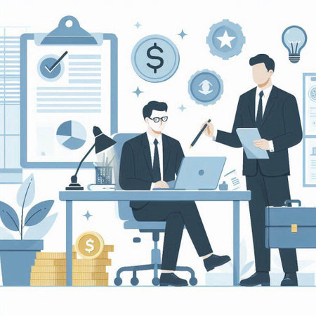 Businessman and businesswoman working in the office. Vector illustration.のイラスト素材
