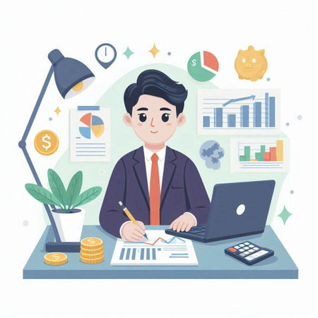 Businessman working at office desk. Vector illustration in flat style.のイラスト素材