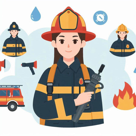Firefighter woman holding a fire extinguisher. Flat design vector illustration.のイラスト素材