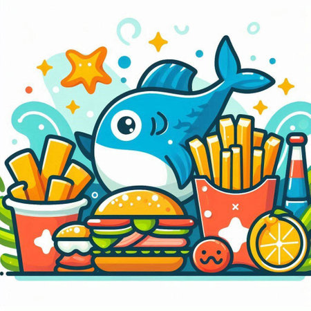 Vector illustration of funny fish, french fries and hamburger in cartoon styleのイラスト素材