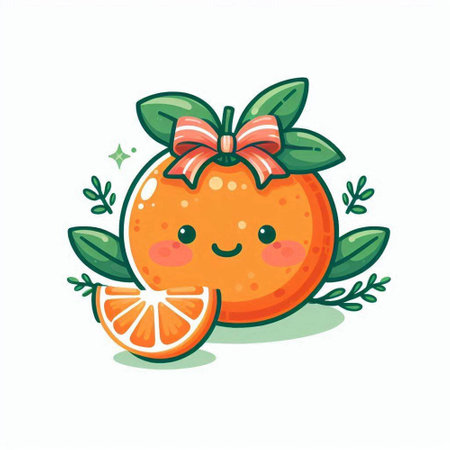 Cute cartoon orange fruit with bow and leaves. Vector illustration.のイラスト素材
