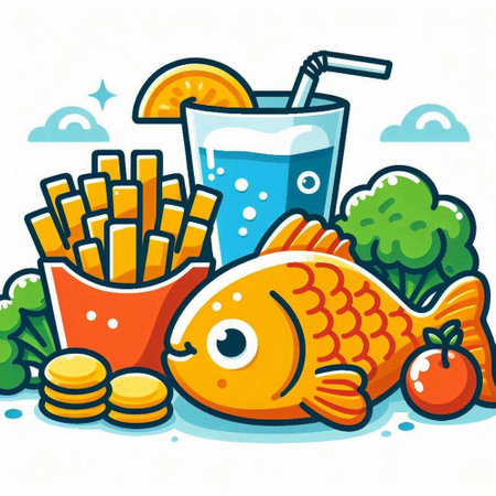 Fish with a glass of water, chips and vegetables. Vector illustration.のイラスト素材