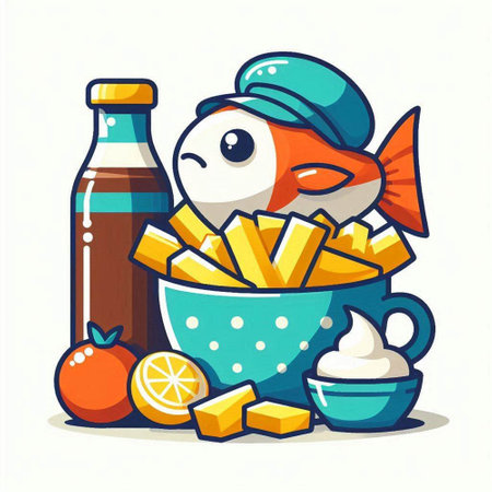 Illustration of a Cute Fish with French Fries in a Bowlのイラスト素材