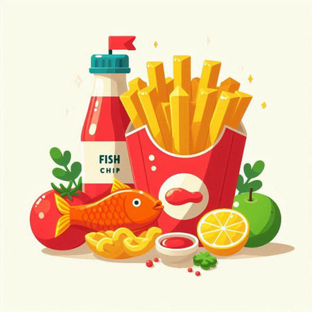 French fries with ketchup and fish. Fast food vector illustration.のイラスト素材