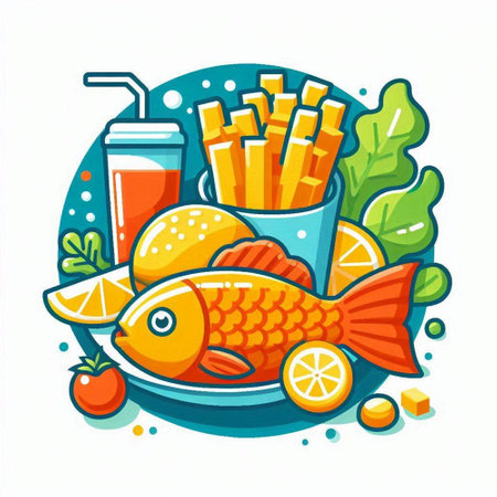 Fried fish with vegetables and juice in a glass. Vector illustration.のイラスト素材