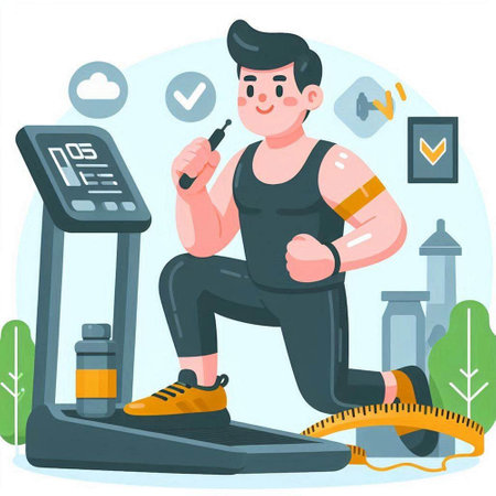 Vector illustration of a man doing exercises on a treadmill in a gym.のイラスト素材
