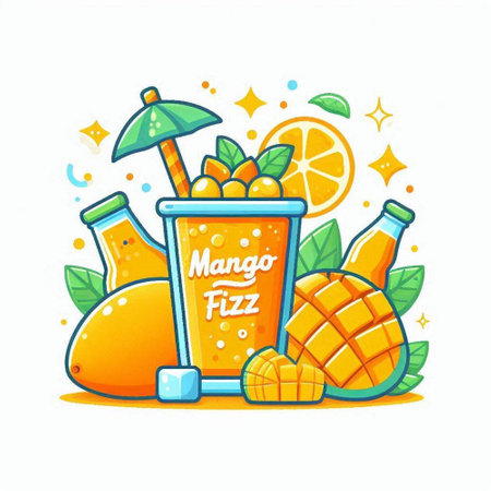 Mango smoothie in a glass with a straw and a straw, vector illustration.のイラスト素材