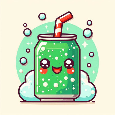 Cute cartoon green smoothie. Smiling soda drink. Vector illustrationのイラスト素材