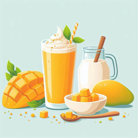 Mango smoothie with whipped cream and mango slices. Vector illustration.のイラスト素材