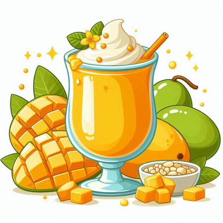 Mango smoothie with whipped cream in glass on white background illustrationのイラスト素材