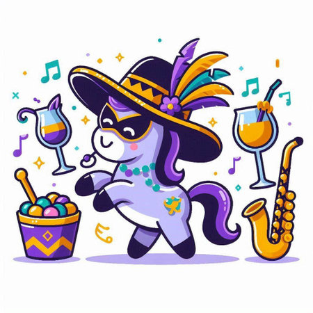 Funny cartoon unicorn in a sombrero and a hat with a musical instrument. Vector illustration.のイラスト素材
