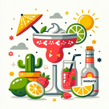 Colorful flat vector illustration of summer drinks and cocktails. Succulent, lemon, lime, watermelon, mojito.のイラスト素材