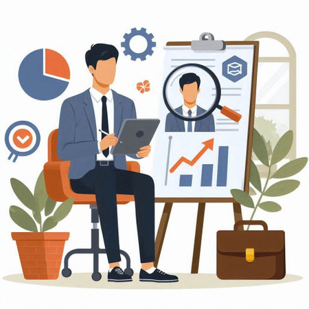 Businessman working on tablet in office. Vector illustration in flat styleのイラスト素材