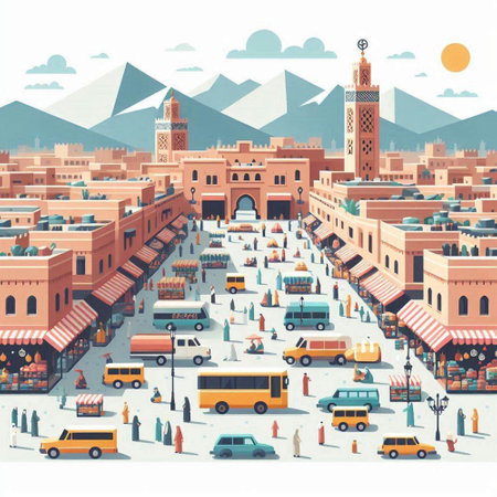 Vector illustration of a city street with minarets and cars.のイラスト素材
