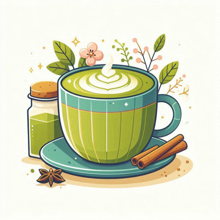 Cup of hot matcha latte with whipped cream, cinnamon and aniseのイラスト素材