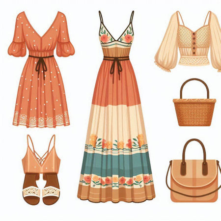 Fashionable women's clothing and accessories. Set of vector illustrations.のイラスト素材