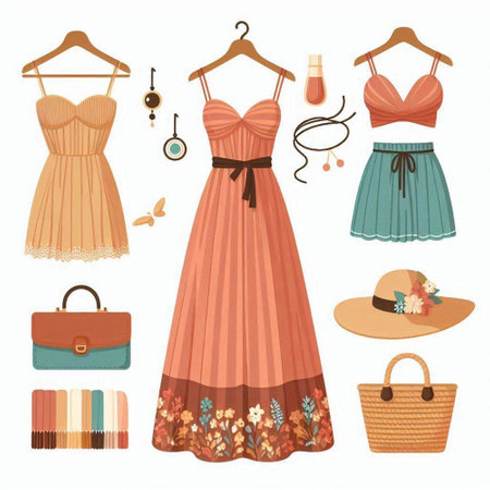 Fashionable set of clothes and accessories. Vector illustration in flat styleのイラスト素材