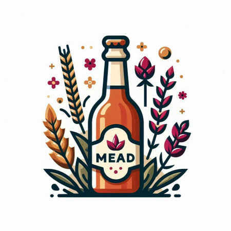 Bottle of beer and wreath of flowers. Vector illustration.のイラスト素材