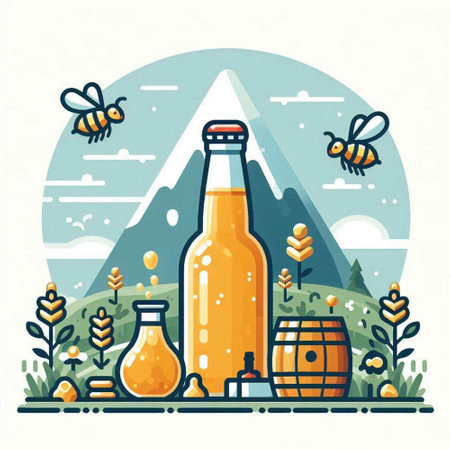 Vector illustration of a bottle of beer on the background of mountains, honeycombs and honeycombsのイラスト素材