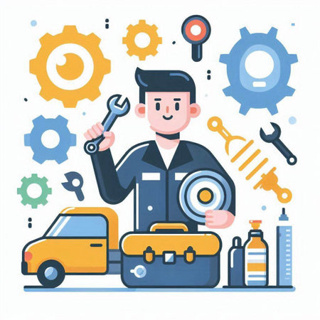 Repairman with tools and car. Repair service concept. Vector illustrationのイラスト素材