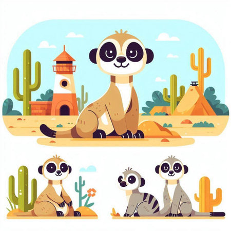 Set of cute meerkats in the desert. Vector illustration in flat styleのイラスト素材