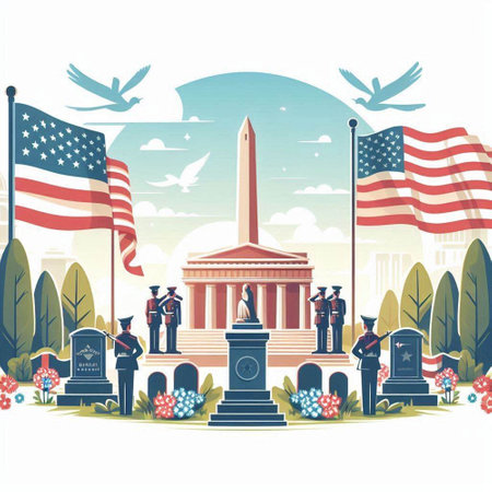 Memorial Day background with grave and american flags, vector illustrationのイラスト素材
