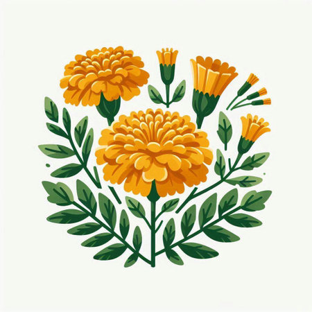 Marigold flowers and leaves. Hand drawn vector illustration in doodle style.のイラスト素材