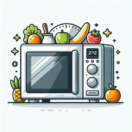 Microwave oven with fruits and vegetables. Vector illustration in cartoon style.のイラスト素材