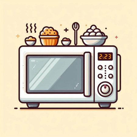 Microwave oven vector illustration in cartoon flat style. Kitchen appliance, cooking utensils.のイラスト素材
