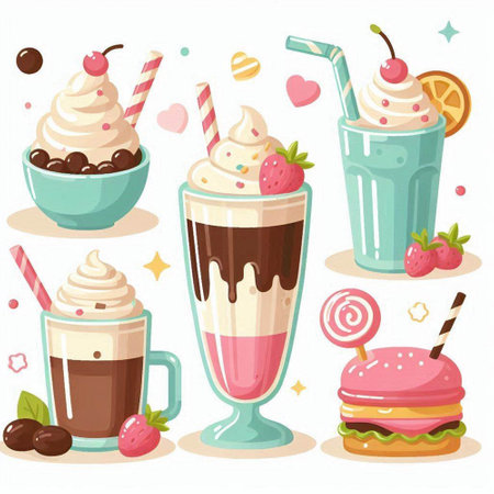 Coffee, chocolate milkshake with whipped cream, ice cream, cherry, donut, donut, candy, donut. Vector illustration.のイラスト素材