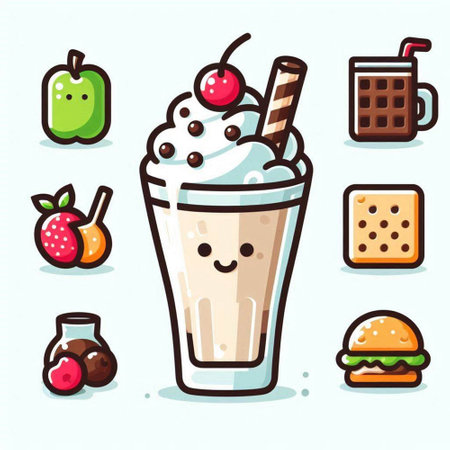 Milkshake with various toppings. Vector illustration in cartoon style.のイラスト素材