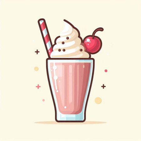 Milkshake with whipped cream, cherry and cherry. Vector illustration.のイラスト素材
