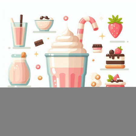 Cute vector illustration of milkshake with chocolate and strawberries.のイラスト素材