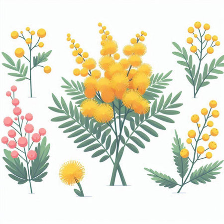 Mimosa flowers set. Vector illustration isolated on white background.のイラスト素材
