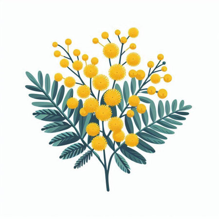 Mimosa branch with yellow flowers isolated on white background. Vector illustration.のイラスト素材