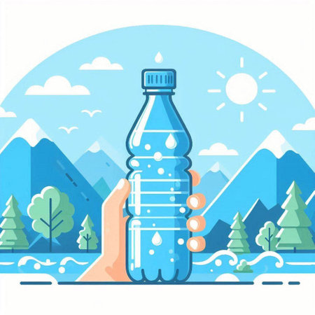 Vector illustration of a man holding a bottle of water in the mountains.のイラスト素材