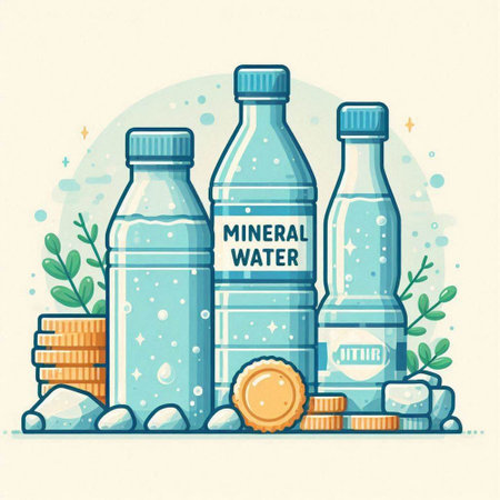 Vector illustration of mineral water in bottles and glass jars with coins.のイラスト素材