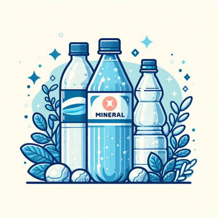 Plastic bottles with mineral water. Vector illustration in flat style.のイラスト素材