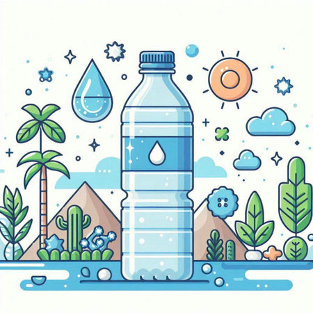Plastic bottle with water and palm trees. Vector illustration in flat style.のイラスト素材