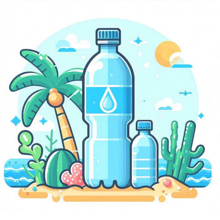 Plastic bottle with water on the beach. Flat vector illustration.のイラスト素材