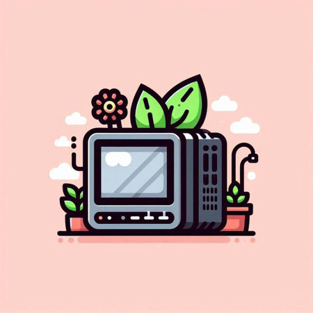 Retro TV and plants. Modern flat line art style. Vector illustration.のイラスト素材